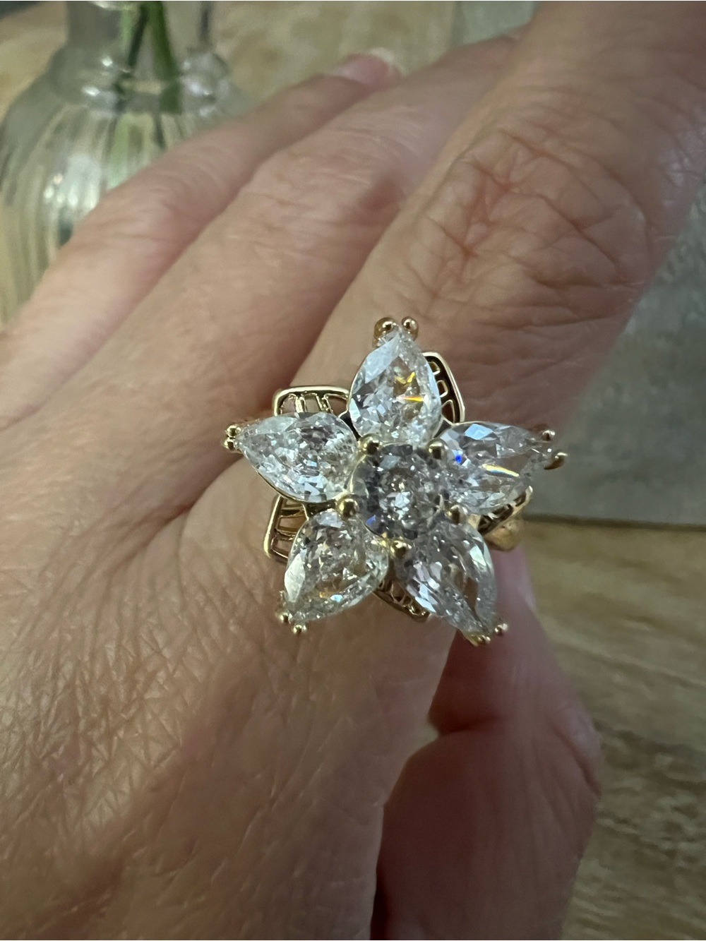 Gold Spinning Flower Cluster Ring Size 8, Statement Cocktail